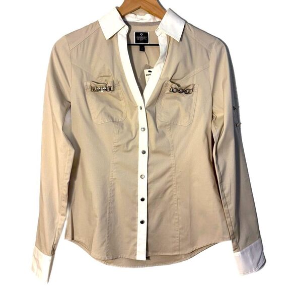 Express Tan and White Button Down Shirt Women’s XS White Collar Cuffs. - Picture 1 of 11